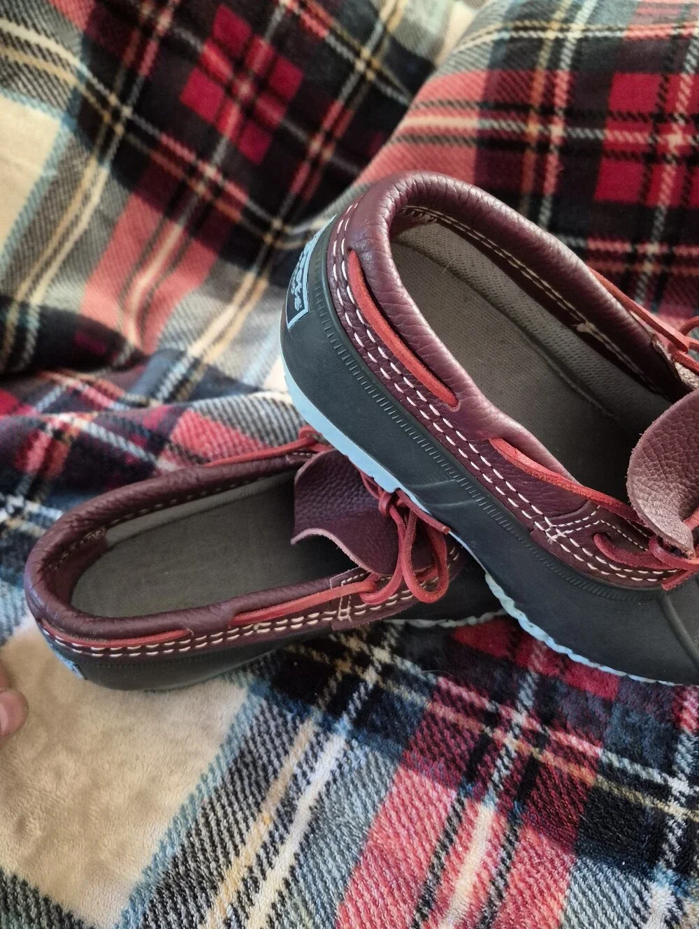 LL BEAN Made I Maine! Burgundy Leather & Black Rubber Duck Boots with Red Laces